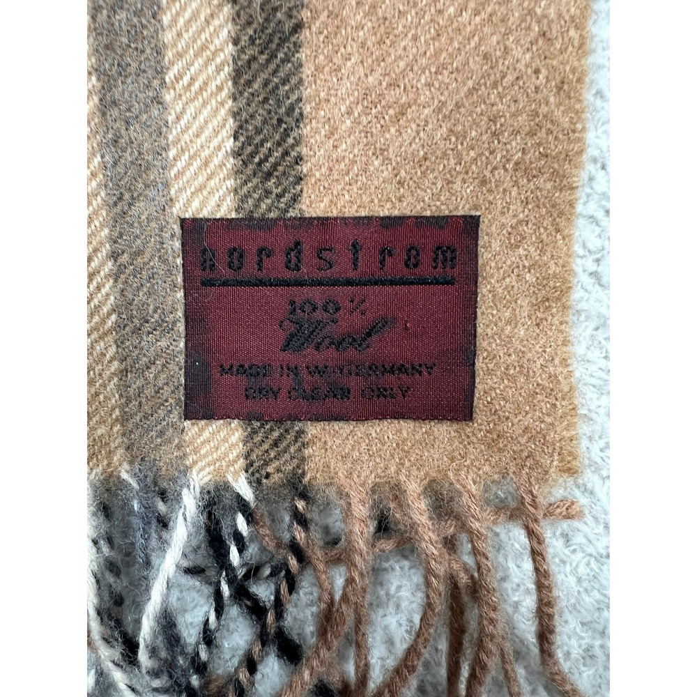 Nordstrom 100% Wool Scarf Plaid Tan Made in W Germany Vintage Style Fringed - Picture 4 of 4